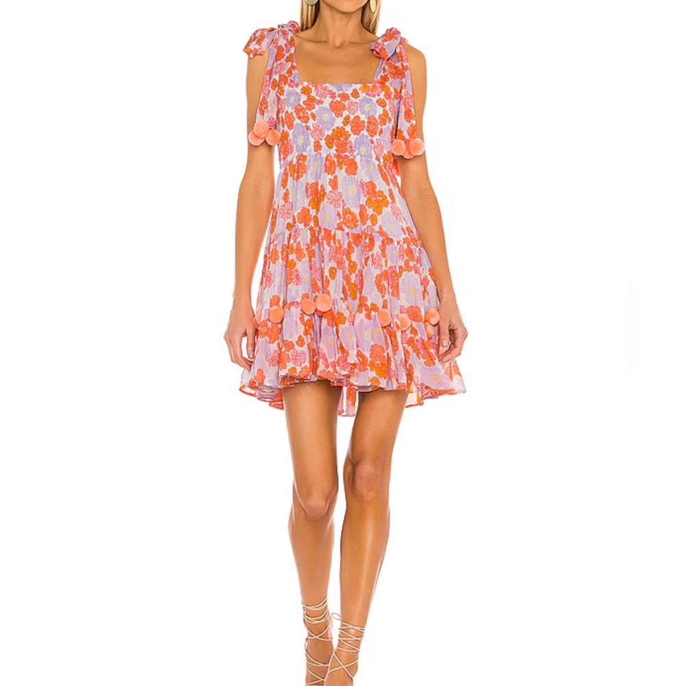 Sundress Pippq Short Smocked Dress in Floral Orange Dress with Pom Poms